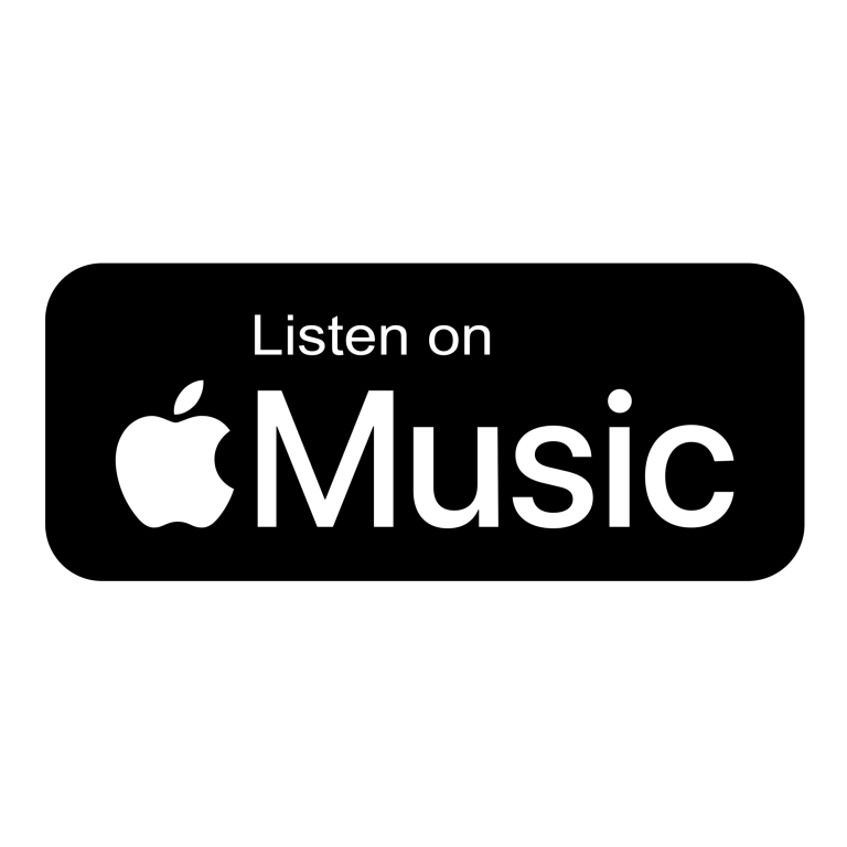 Schwarzes Banner mit dem Text „Listen on Apple Music“.